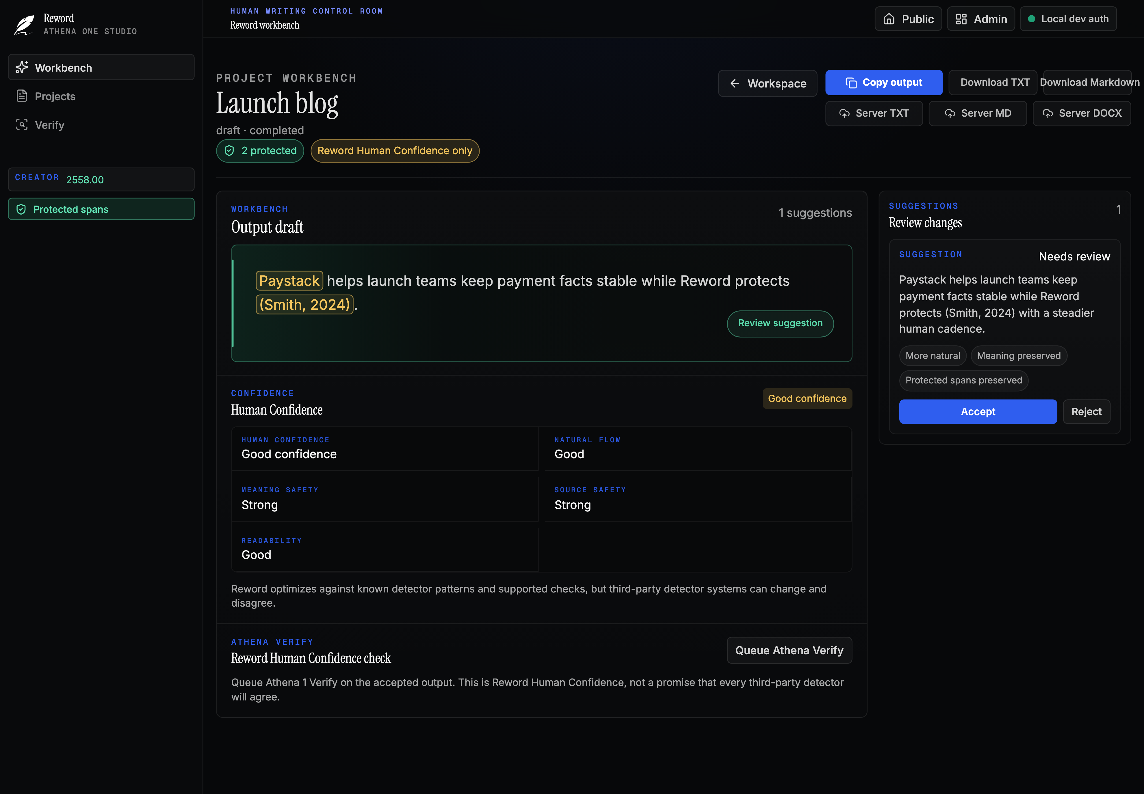 Reword workbench showing Human Confidence, protected spans, and suggestions